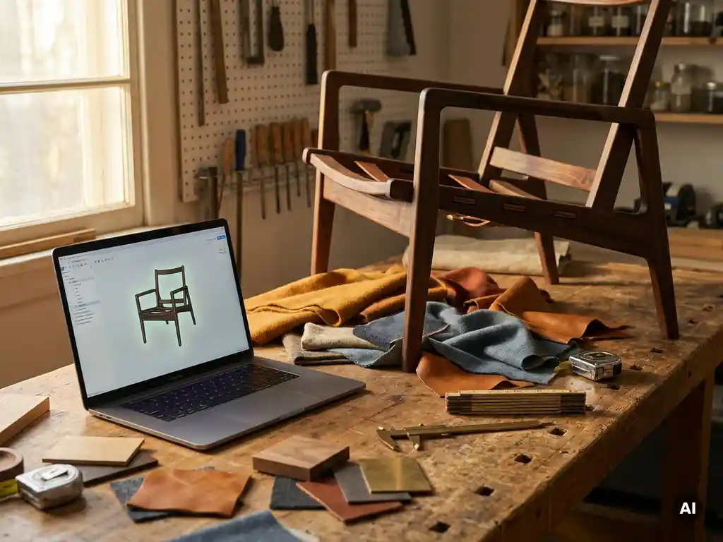 Craftsman's workbench with fabric swatches and measurement tools beside a laptop showing a 3D chair configurator in warm workshop light.