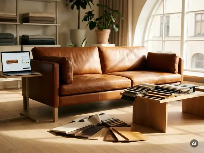 Caramel leather custom sofa in a Scandinavian showroom with fabric swatches, wood samples, and an open laptop showing a configuration interface.