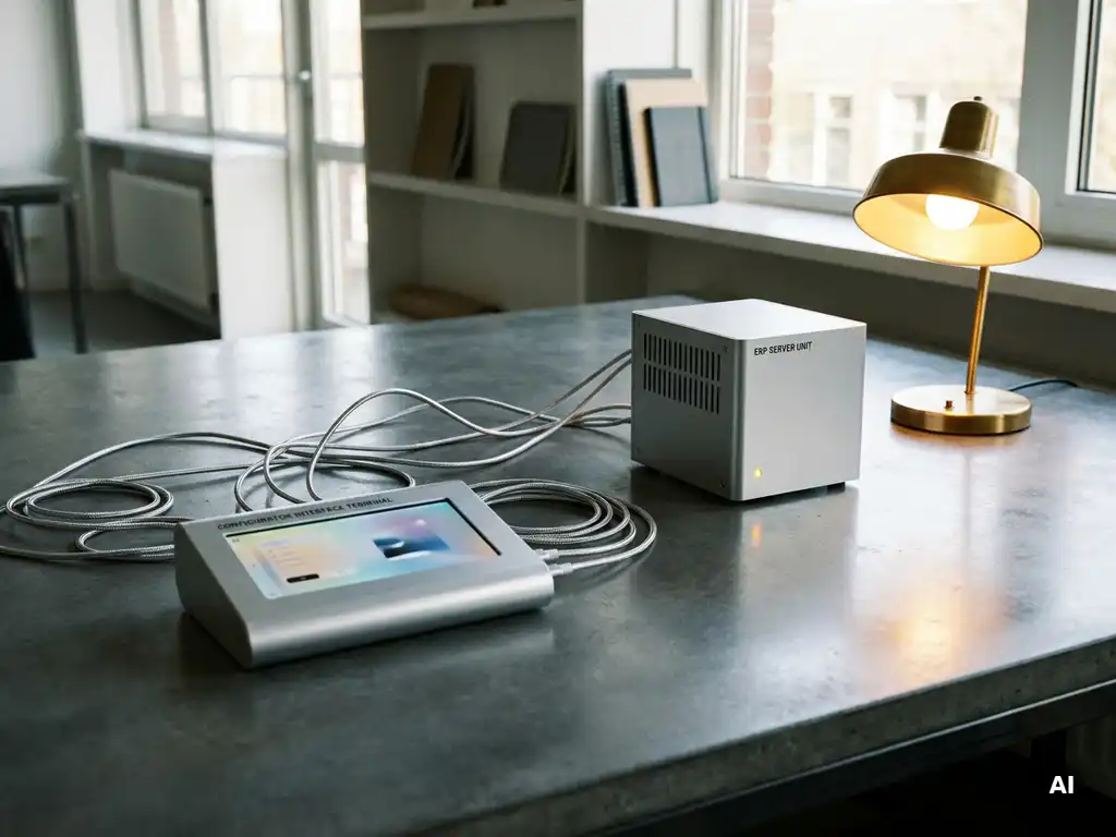 Silver cables linking a configurator terminal and compact ERP server on a concrete desk in a minimal Dutch studio workspace.