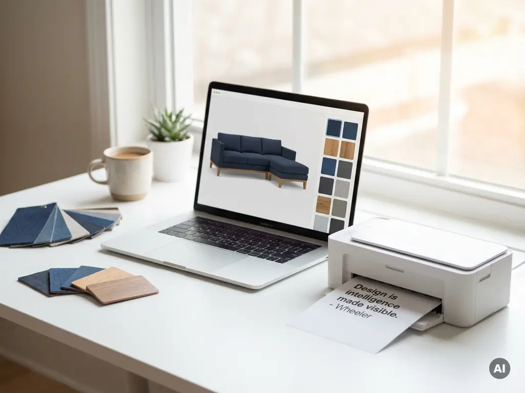 Laptop showing a 3D furniture configurator with material swatches on a white desk, printed quote nearby, soft morning light.