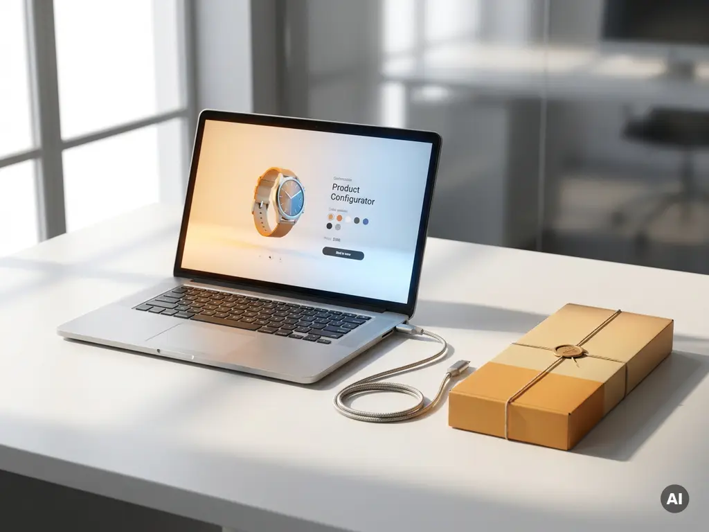 Laptop displaying a 3D product configurator interface beside a packaged webshop order on a white desk, studio lighting.
