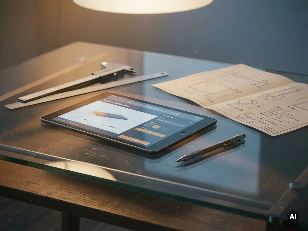 Product configurator interface reflected on a glass desk beside measurement tools, mechanical pencil, and specification sheet.