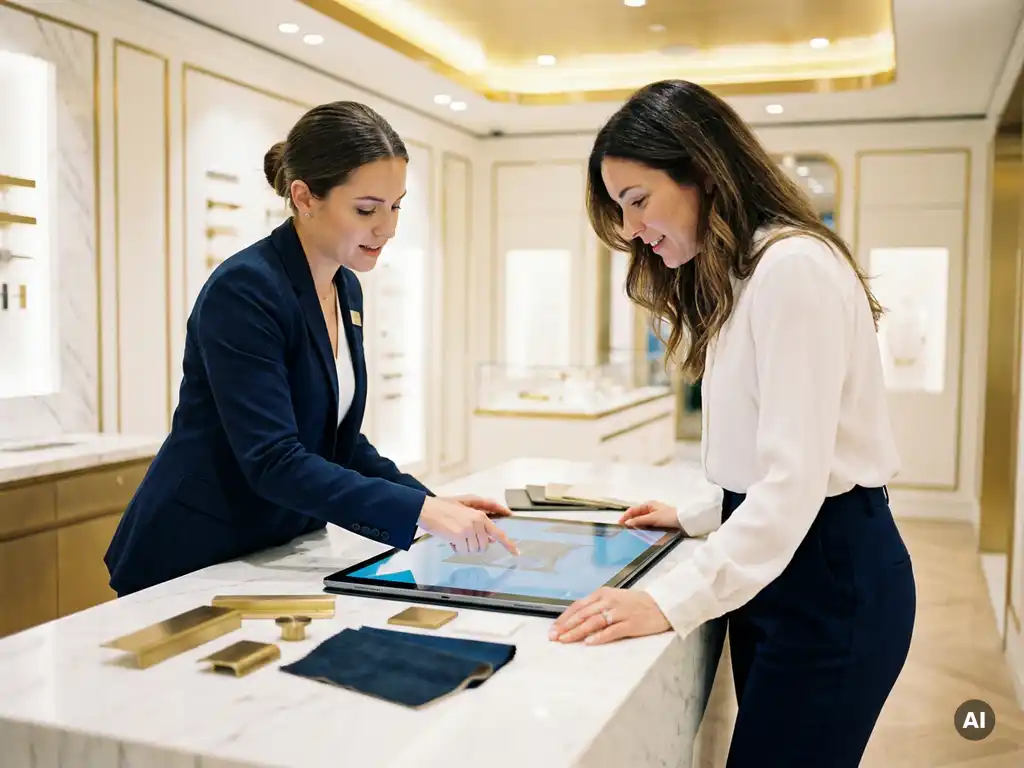 Sales associate and customer reviewing a 3D product configurator on a tablet in a premium retail showroom with product samples nearby.