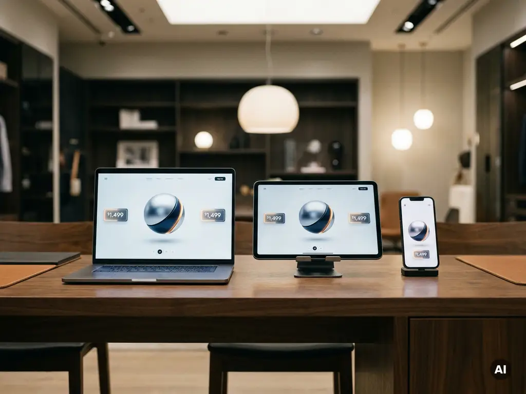 Sales desk with laptop, tablet, and smartphone displaying synchronized 3D product configurator interfaces in silver, navy, and amber tones.