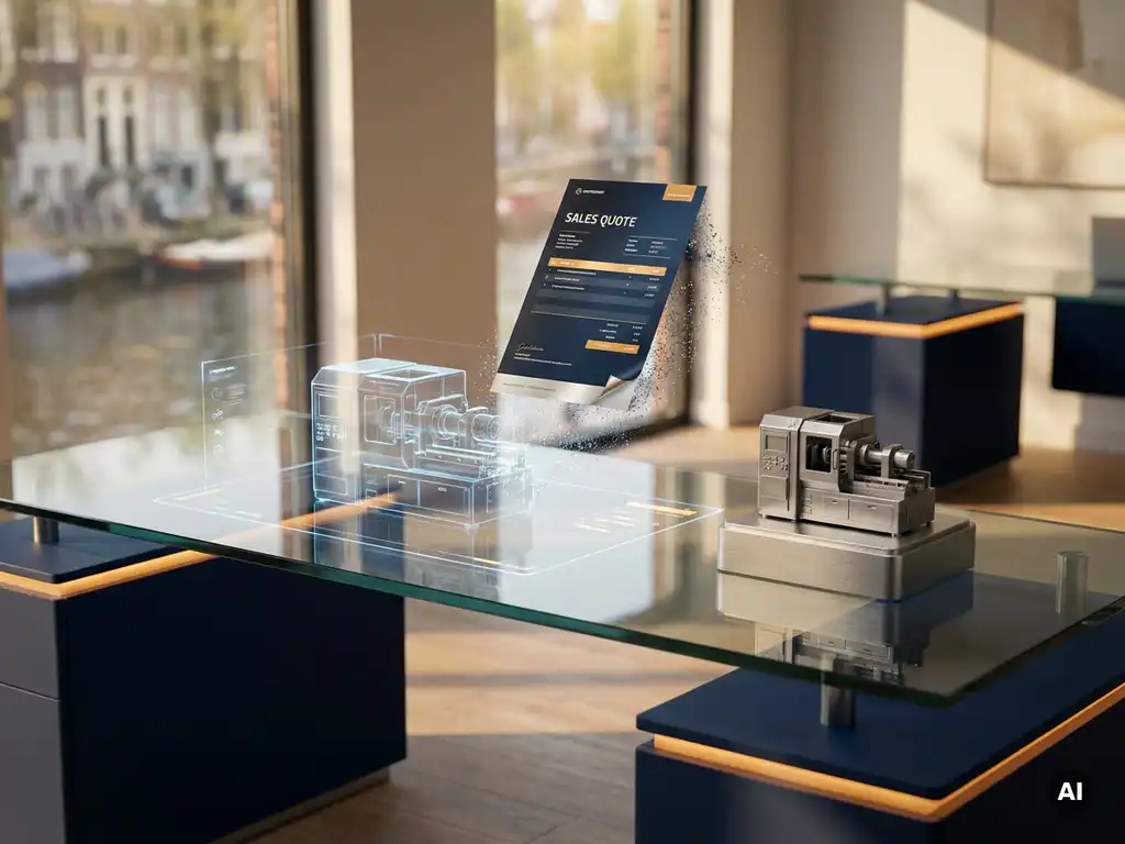 Sales quote document emerging from a 3D product configurator on a glass desk in a modern Amsterdam office with navy and amber tones.
