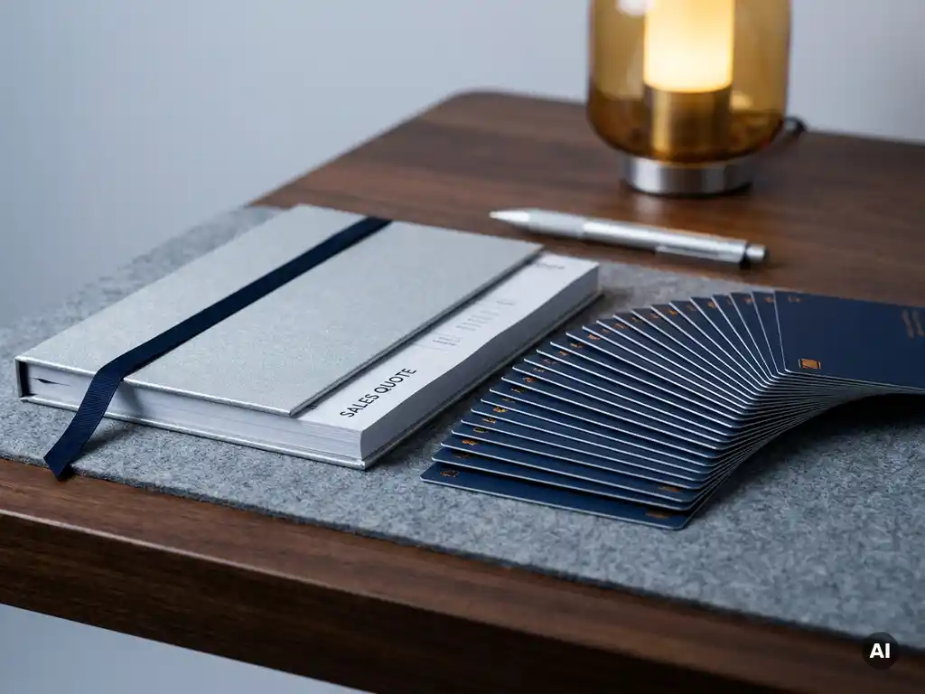 Neatly arranged sales quote document beside fanned product configuration cards on a modern desk with silver, navy, and amber tones.