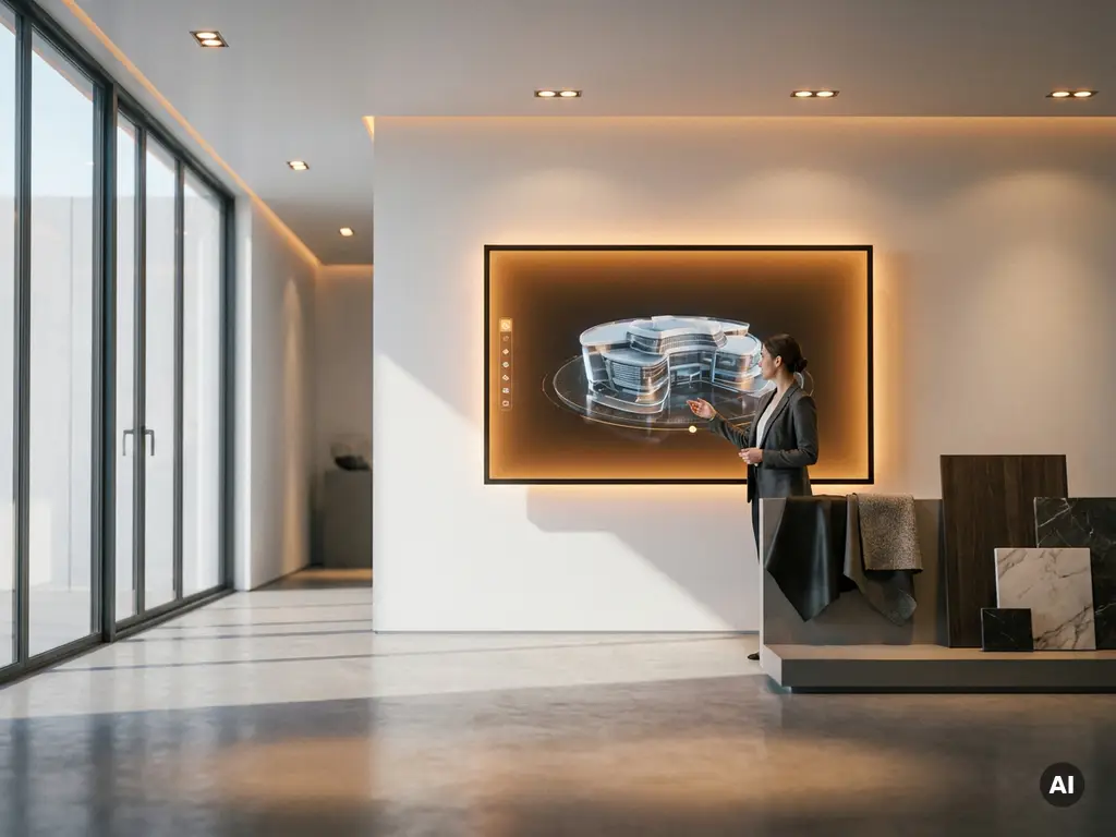 Sales rep presenting a 3D furniture model on a touchscreen display in a modern showroom with luxury samples and warm ambient lighting.