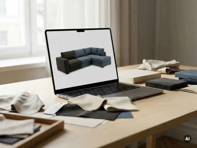 Laptop showing a 3D sofa configurator beside scattered fabric swatches on a modern studio desk, lit by soft natural light.