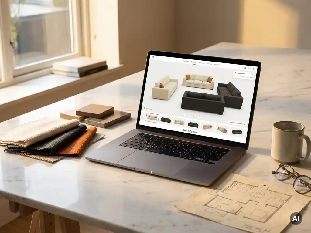Laptop displaying a 3D sofa configurator surrounded by fabric swatches, material samples, and floor plan sketches on a marble studio desk.